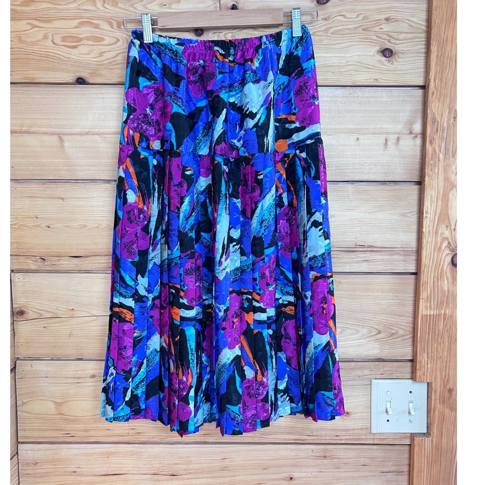 Vintage Abstract Floral Pleated Midi Skirt Blue Purple A-Line Made Canada 9/10